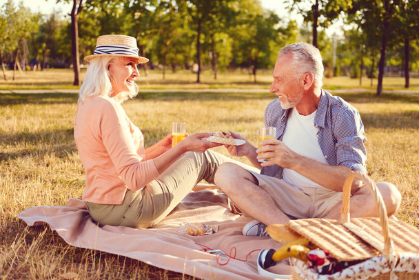 Joyful husband and wife smiling during picnic date - Photo, Image