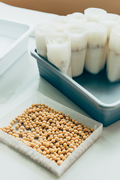 Close-up van zaden in plastic container aan tafel in moderne agro laboratorium  - Foto, afbeelding