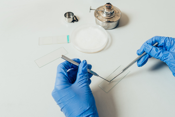 обрезанное изображение биолога в латексных перчатках с анализом в современной лаборатории
  - Фото, изображение