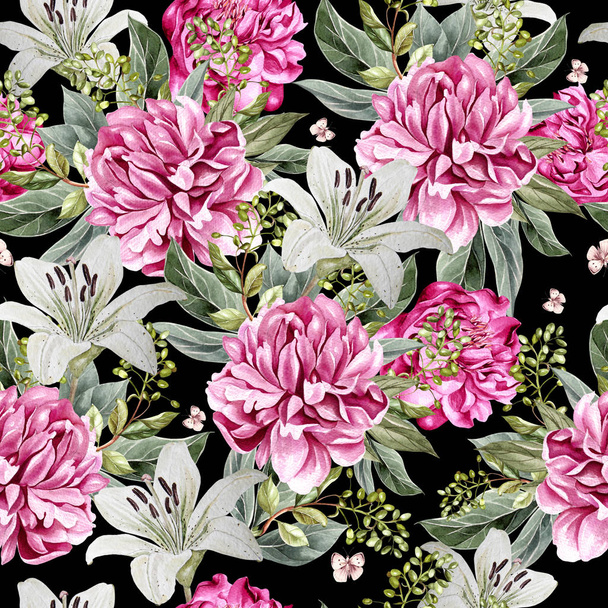 Watercolor pattern with peony flowers and  lily.  - Foto, imagen