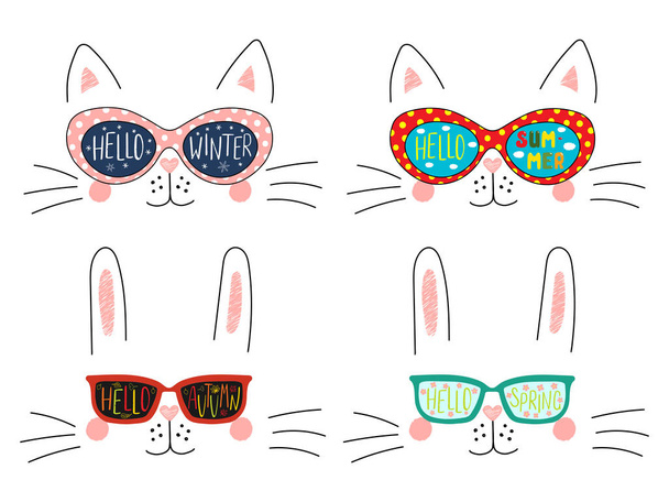 Set kat en bunny gezichten in zonnebril met zomer, herfst, winter, voorjaar symbolen - Vector, afbeelding