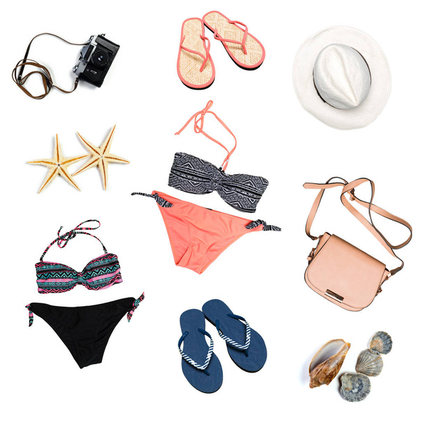 woman swimsuit beach accessories collage on white background - Foto, Bild