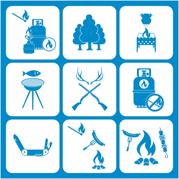 Set di icone di viaggio e attrezzatura da campeggio. Illustrazione vettoriale
 - Vettoriali, immagini