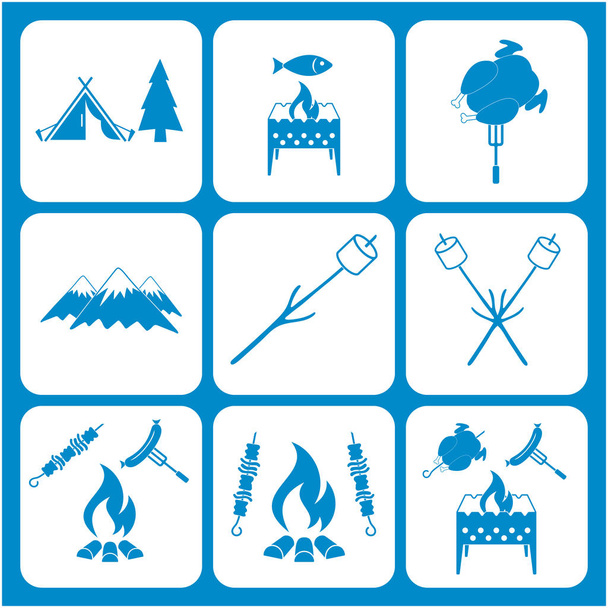 Conjunto de iconos de equipo de viaje y camping. Ilustración vectorial
 - Vector, imagen