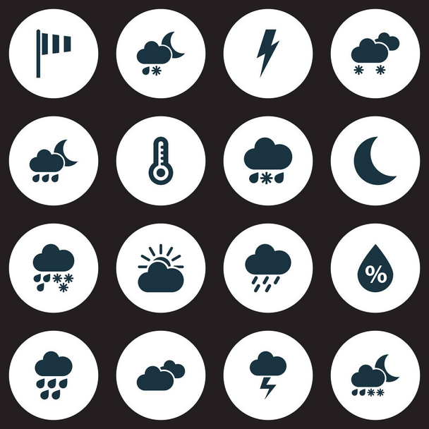 Icone meteo impostate con umidità, tempesta, forti piogge e altri elementi alluvionali. Isolato vettoriale illustrazione icone meteo
. - Vettoriali, immagini