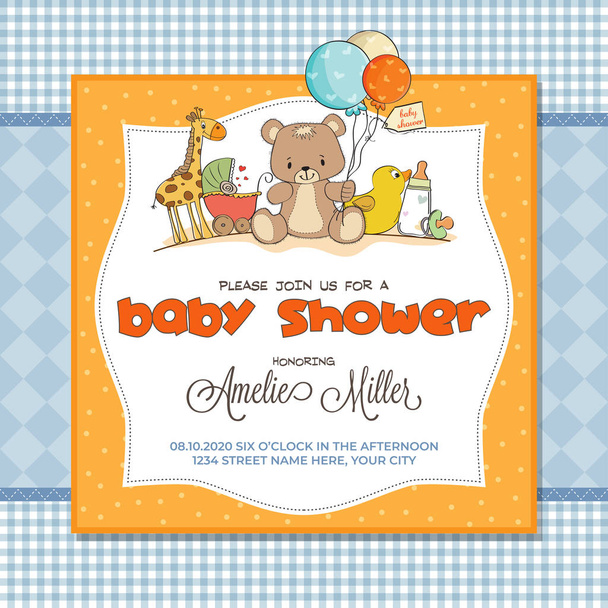 Tarjeta de ducha para bebés con juguetes, personalizable
 - Vector, imagen