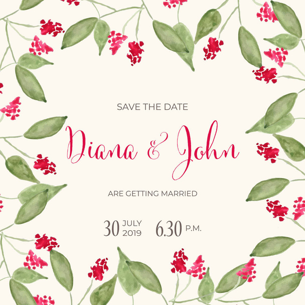 Beautiful wedding invitation with watercolor flowers. Save de date card. Vector - Vector, Image