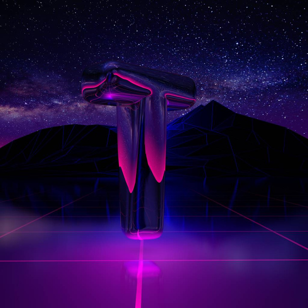 Buchstabe nicht groß geschrieben. 3D-Renderschrift auf Retro-Hintergrund im futuristischen Stil der 1980er Jahre. Digitale Landschaft in einer Cyber-Welt mit Raum, Bergen und Laserraster auf dem Gelände. - Foto, Bild
