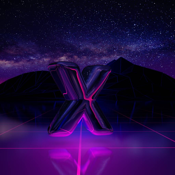 Levél X kisbetűs. 3D render betűtípus a retro háttér futurisztikus táj 1980-as évek stílusa. Digitális táj, hely, a hegyek és a laser Grid terepen cyber világban. - Fotó, kép