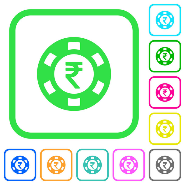 Indian Rupee casino chip vivid colored flat icons in curved borders on white background - Vector, Image