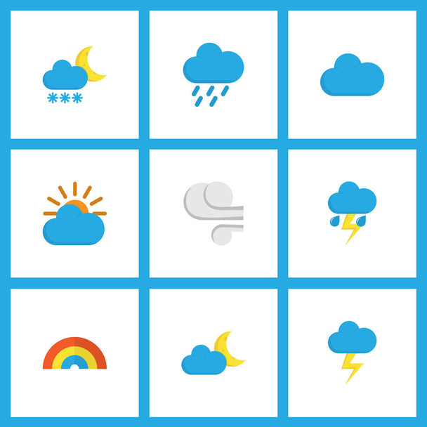 Ícones climáticos estilo plano definido com surto, geada, nublado e outros elementos arco. Isolados ícones do clima ilustração
. - Foto, Imagem