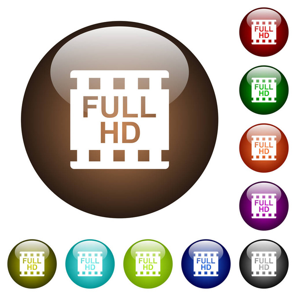 Full HD película en formato de iconos blancos en botones de vidrio de color redondo
 - Vector, imagen