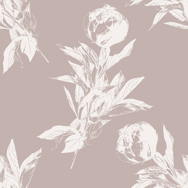 Peony flower silhouette seamless pattern. Hand drawn leaf silhouettes with scribble textures. Natural elements in pastel shades and colors. Vector grunge design for paper, fabric, backgrounds and natural product - Vektör, Görsel