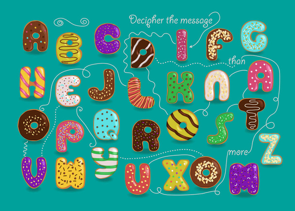 Sanatsal alfabesi ile şifreli romantik ileti çörek daha çok seviyorum. Çizgi film renkli harfler donuts parlak krema ve fındık dekor olarak. Yeşil arka plan. İllüstrasyon - Fotoğraf, Görsel
