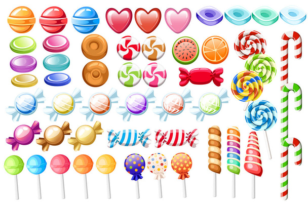 Candies set. Big collection of different cartoon style candies. Wrapped and not lollipops, cane, sweetmeats. Cute glossy sweets. Flat colorful icons. Vector illustration isolated on white background. - Vector, Image