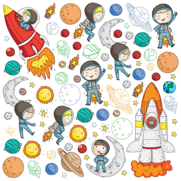 Space for children. Kids and cosmos exploration. Adventures, planets, stars. Earth and Moon. Rocket, shuttle, sun. - Vector, Image