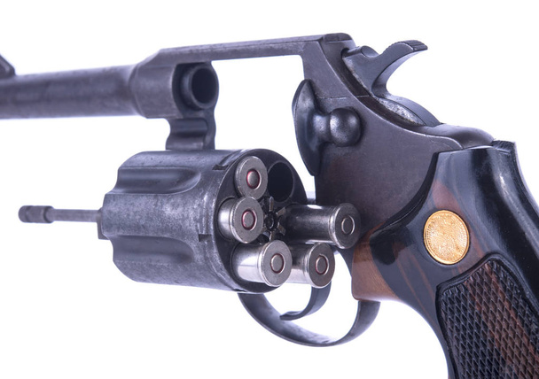 closeup shot of .38 revolver handgun's bullets in the storage cylinder - Photo, Image