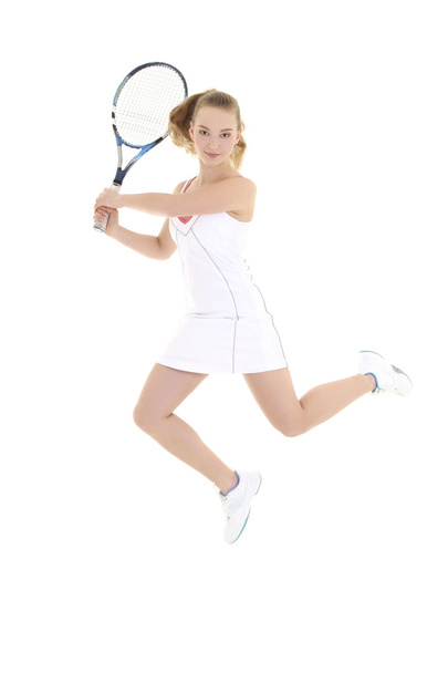 joven deportiva con salto de raqueta de tenis - Foto, imagen