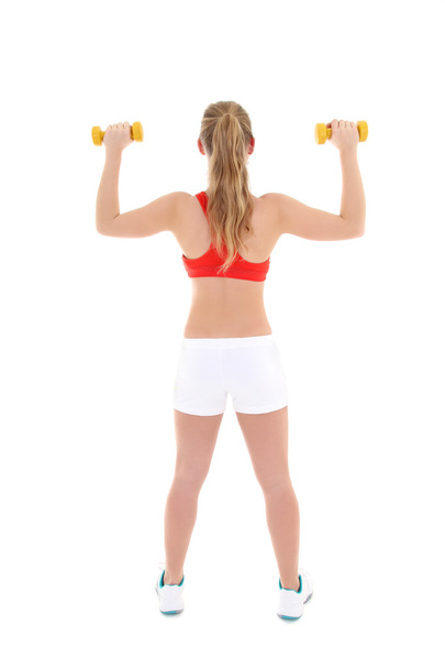 beautiful sporty woman with dumbbells over white - Foto, Bild