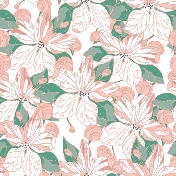 Seamless pattern with apple blossom and buds. Flowers pink. Green leaves. Wallpaper, fabric or design of gift paper. Vector illustration - Foto, immagini
