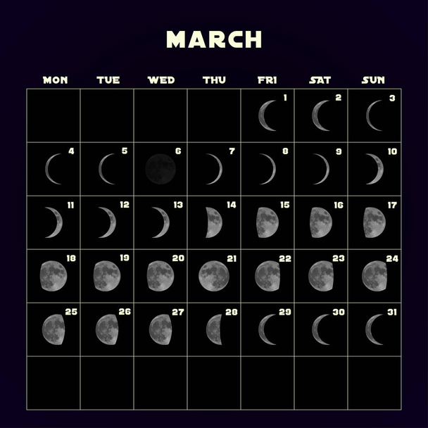 Mondphasenkalender für 2019 mit realistischem Mond. Marsch. Vektor. - Vektor, Bild
