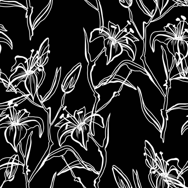 Elegant seamless pattern with lilly flowers, design elements. Floral  pattern for invitations, cards, print, gift wrap, manufacturing, textile, fabric, wallpapers - Vetor, Imagem