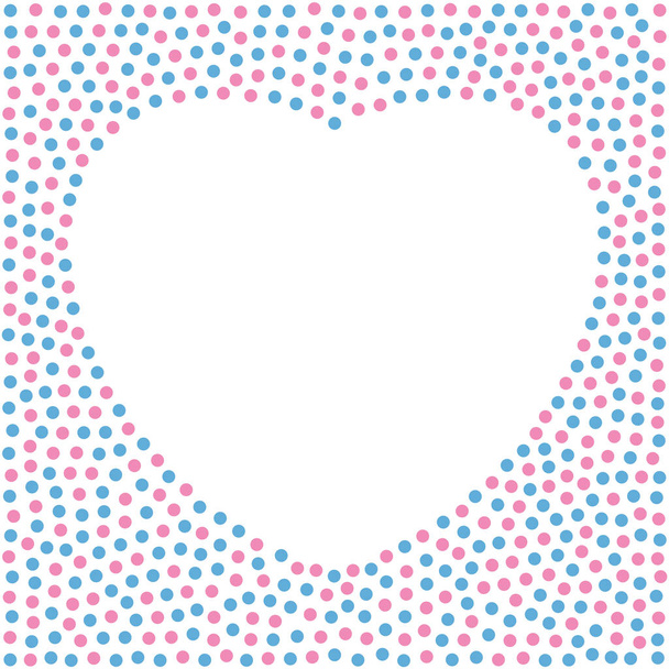 Heart shaped background made of colored baby blue and baby pink dots. Empty space and heart area on  white background for additional text. Made of randomly placed little spots. Illustration. Vector. - Vector, Image