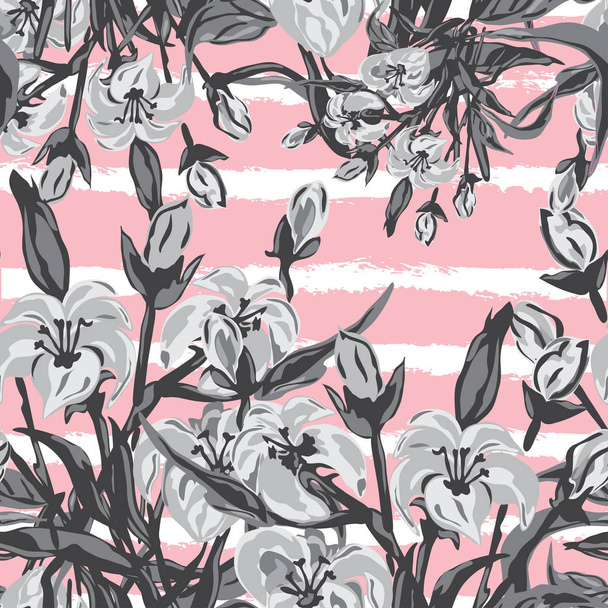 Elegantní bezešvý vzor s liliovými květy, designové prvky. Květinový vzor pro pozvánky, karty, tisk, dárkový obal, výroba, textil, tkaniny, tapety - Vektor, obrázek