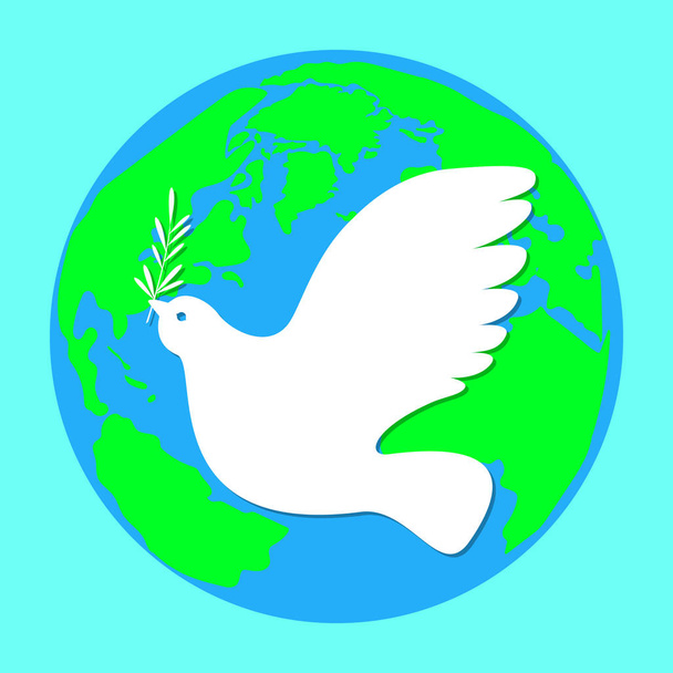 Den mezinárodní mír. Koncepce sociální dovolené. Bílá holubice s olivovou ratolestí. Planeta Země - Vektor, obrázek