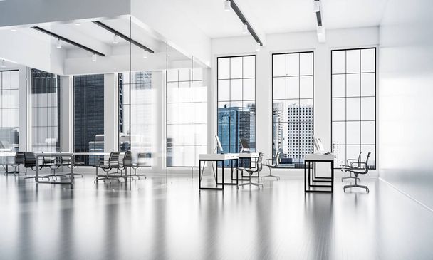 Современный пустой элегантный офис с окнами и рабочими местами Смешанные медиа
 - Фото, изображение
