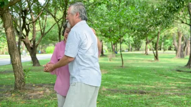 Sweet senior couple dancing in park. Old asian man and woman dancing together in park standing up. Senior lifestyle concept. - Materiał filmowy, wideo