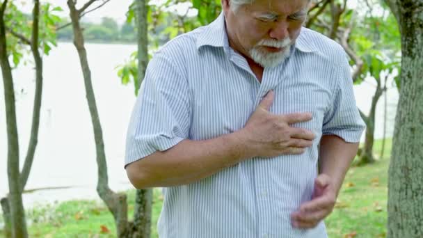 Senior man having a heart attack. Chinese old man is having chest pain. Outdoor in park. - Metraje, vídeo