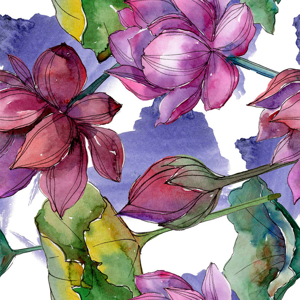 Pink lotus flower. Floral botanical flower.Seamless background pattern. Fabric wallpaper print texture. Aquarelle wildflower for background, texture, wrapper pattern, frame or border. - Foto, imagen