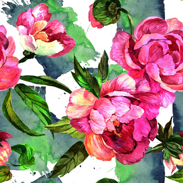 水彩ピンク牡丹の花。花植物の花。シームレスな背景パターン。壁紙印刷手触りの生地。背景、テクスチャ、ラッパー パターン、フレームや境界線の aquarelle ワイルドフラワー. - 写真・画像