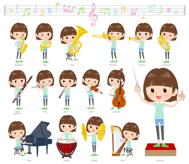 A set of women on classical music performances.There are actions to play various instruments such as string instruments and wind instruments.It's vector art so it's easy to edit. - Vector, Image