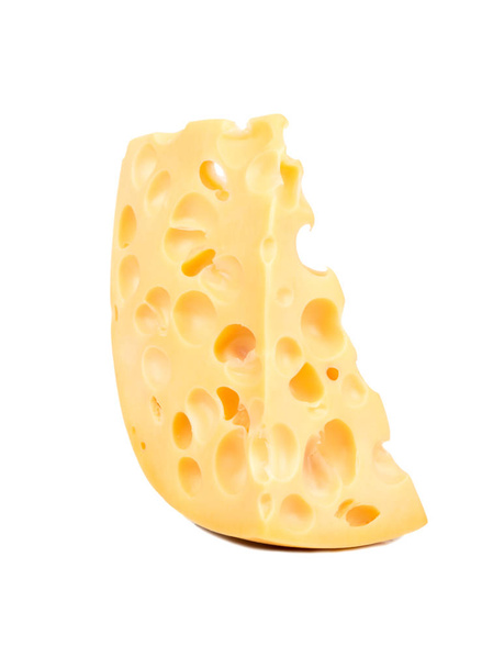 Fatia de queijo delicioso com buracos isolados no fundo branco
 - Foto, Imagem