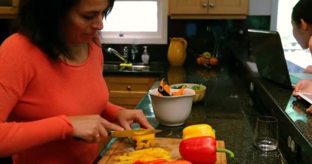 Kids using laptop and digital tablet while mother cutting vegetables at home 4k - Video, Çekim