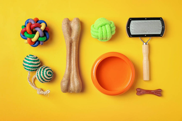 Flat lay composition with accessories for dog and cat on color background. Pet care - Fotoğraf, Görsel