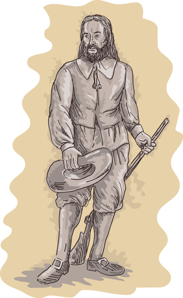Pilgrim standing holding a musket rifle - Fotoğraf, Görsel
