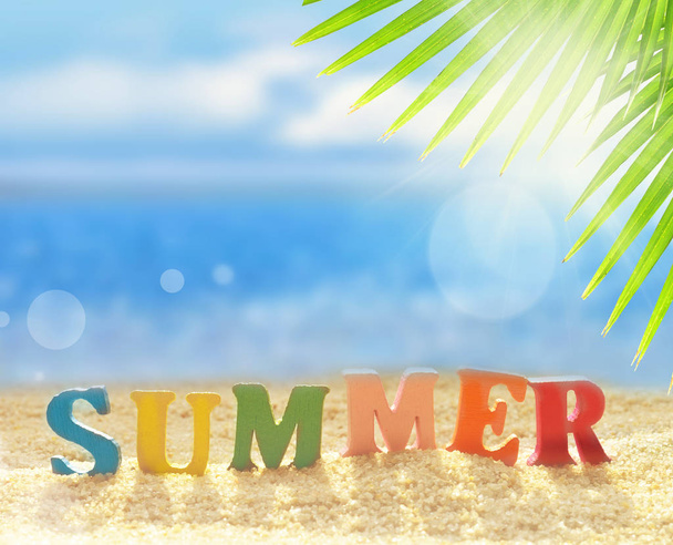 Літній піщаний пляж і пальмовий лист на океанічному фоні
 - Фото, зображення