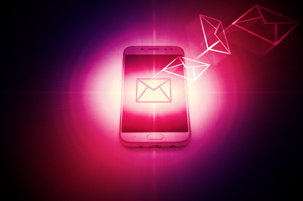 Um ícone de mensagem virtual na tela do smartphone em um fundo de néon escuro. O conceito de tecnologias futuras
 - Foto, Imagem