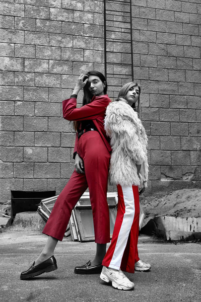 Growth portrait of two fashion young girl posing on the backyard. Stylish woman in a red suit and in white fur and sport red pants .Red ladder on brick wall background - Photo, image
