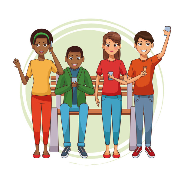Adolescentes con smartphones dibujos animados
 - Vector, imagen