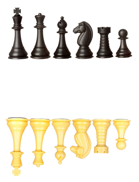 siyah ve sarı satranç taşları beyaz arka plan üzerinde izole kümesi - Fotoğraf, Görsel