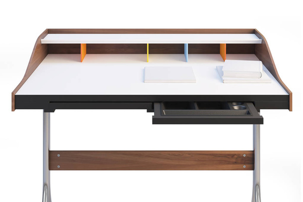 Holztisch mit versenkbaren Regalen auf Metallbeinen. Holztisch auf weißem Hintergrund mit Schatten. 3D-Darstellung - Foto, Bild