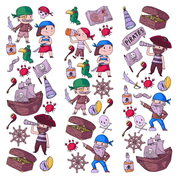 Pirate party for little children. Kindergarten background. Sea and ocean adventures. Ship and pirates, treasure island. - Vector, Image