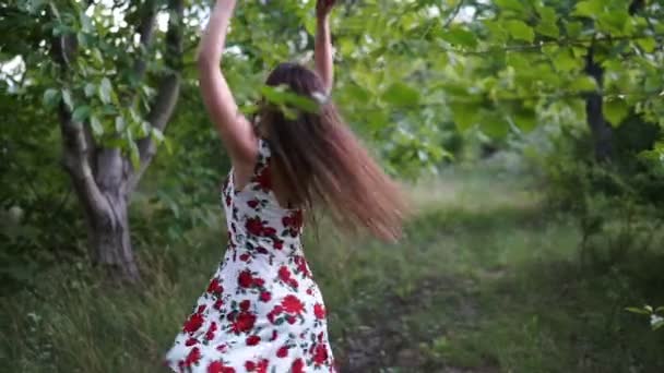 夏の公園で回転光のドレスで美しいエレガントな女性の肖像画。生活と喜びいっぱい女の子 - 映像、動画