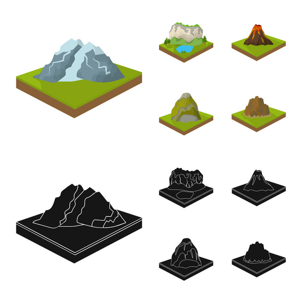Mountains, rocks and landscape. Relief and mountains set collection icons in cartoon,black style isometric vector symbol stock illustration web. - Vetor, Imagem
