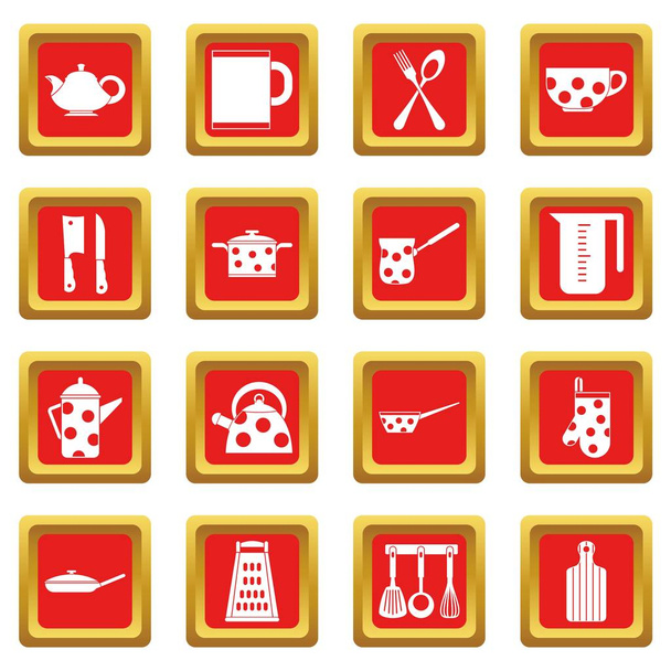 Kitchen tools and utensils icons set red - Wektor, obraz