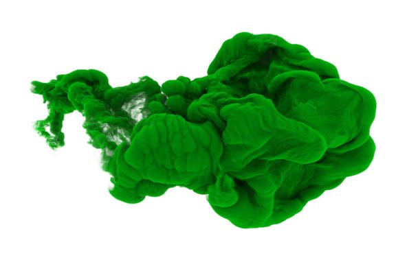 Close up shot of bright green ink splash in water isolated on white. - Valokuva, kuva